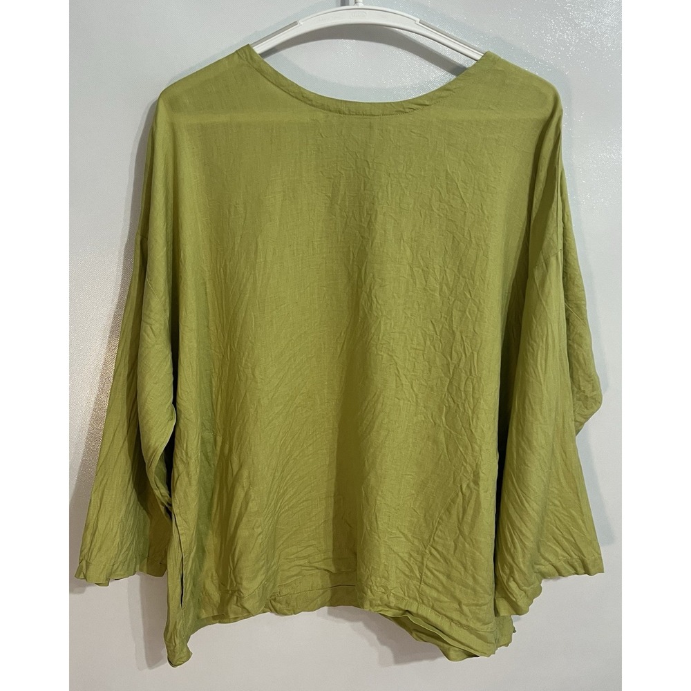 Eileen Fisher Size Large Chartreuse Green Organic Linen Tunic Top Pockets